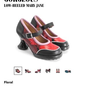 John Fluevog Black and Red Floral Mary Jane Heels with Pink Trim